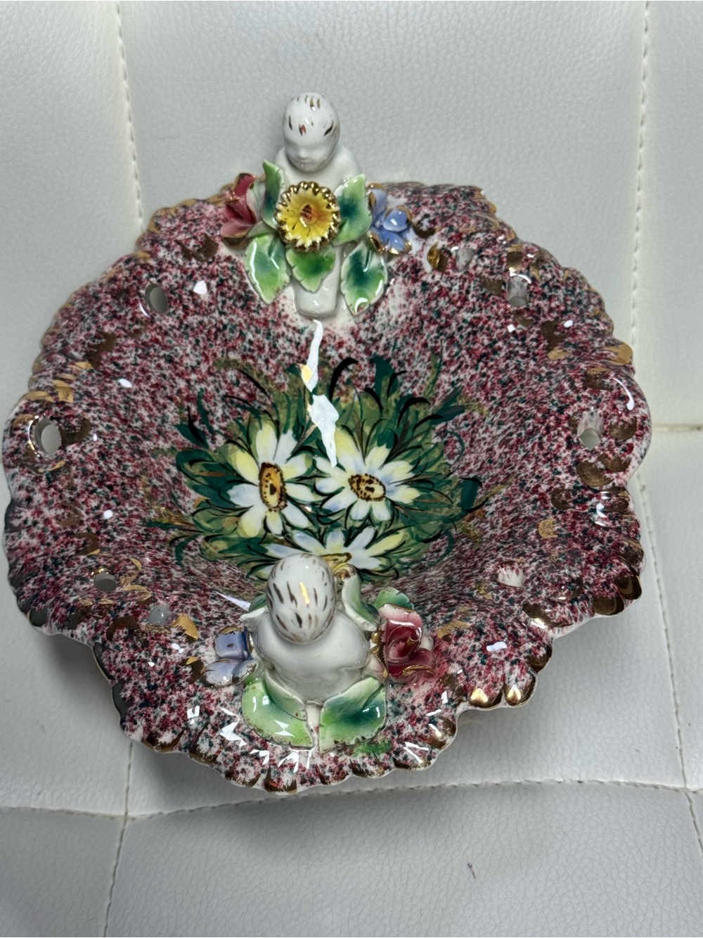 Vintage Italian Majolica Ceramic Pedestal Bowl with Figural Birds and Floral Mot